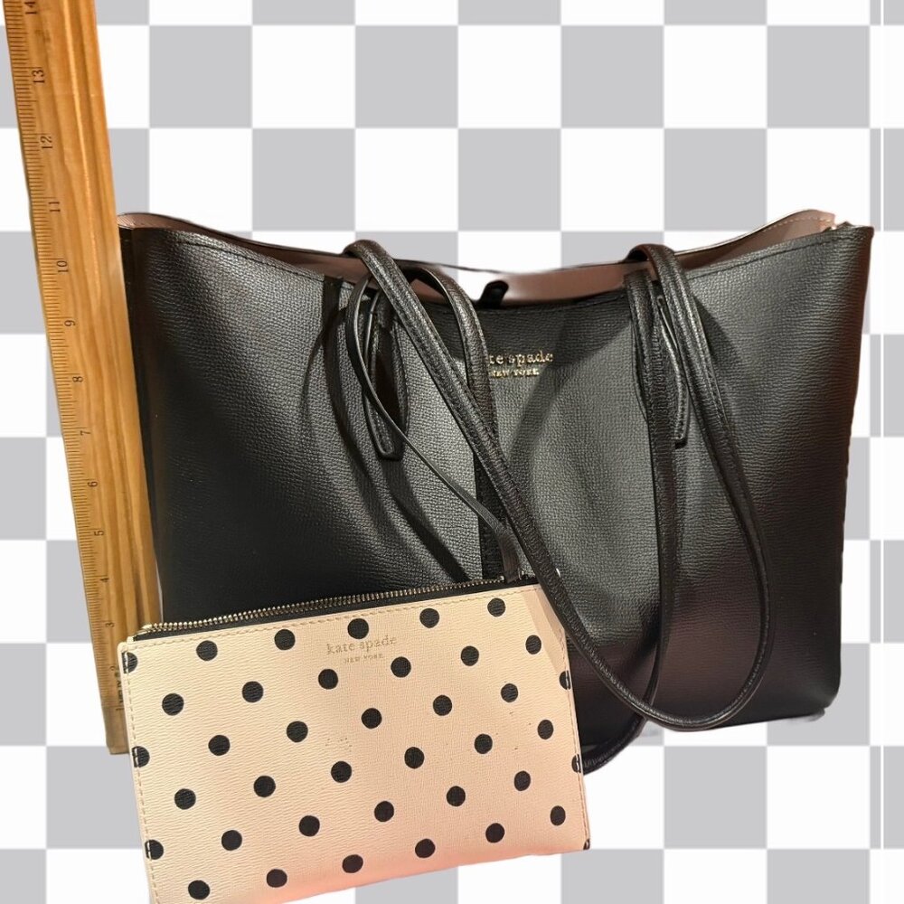 Large black Kate Spade tote bag with detachable polka dot purse